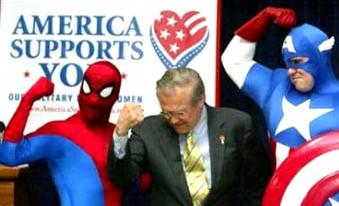 Rumsfeld with Spider-Man and Captain America